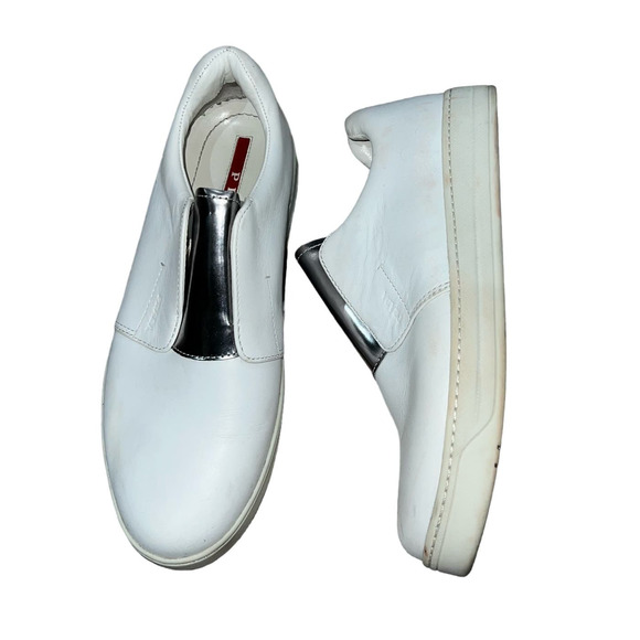Prada White Leather and Metallic Slip-On Sneakers EU 37 - Picture 1 of 6